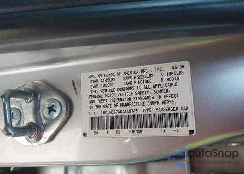 2006 Honda Accord 2.4 Ex from USA, damaged, VIN 1HGCM56746A149745